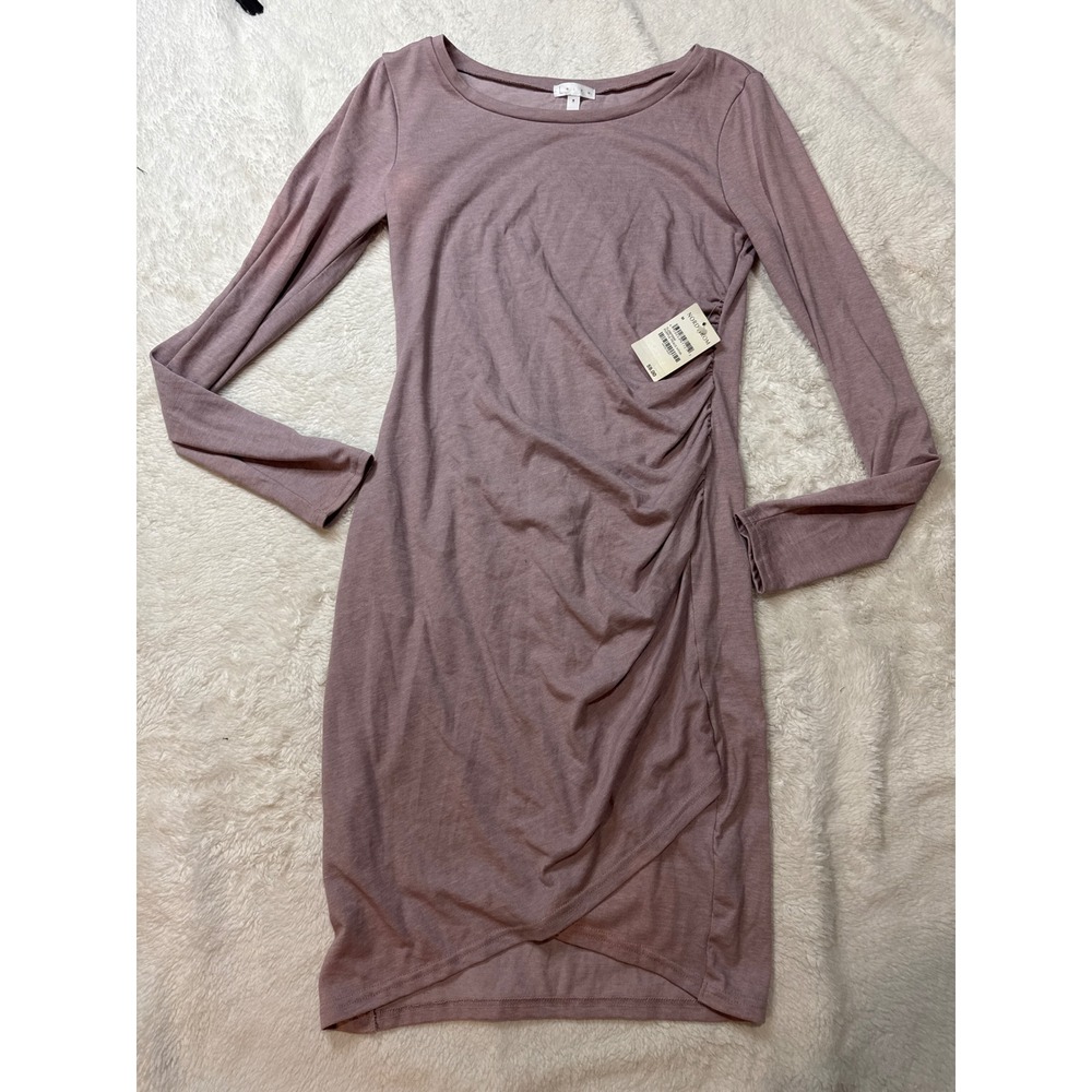 Leith Bodycon Dress Womens Medium Purple NWT Ruched Long Sleeve Tulip Hem